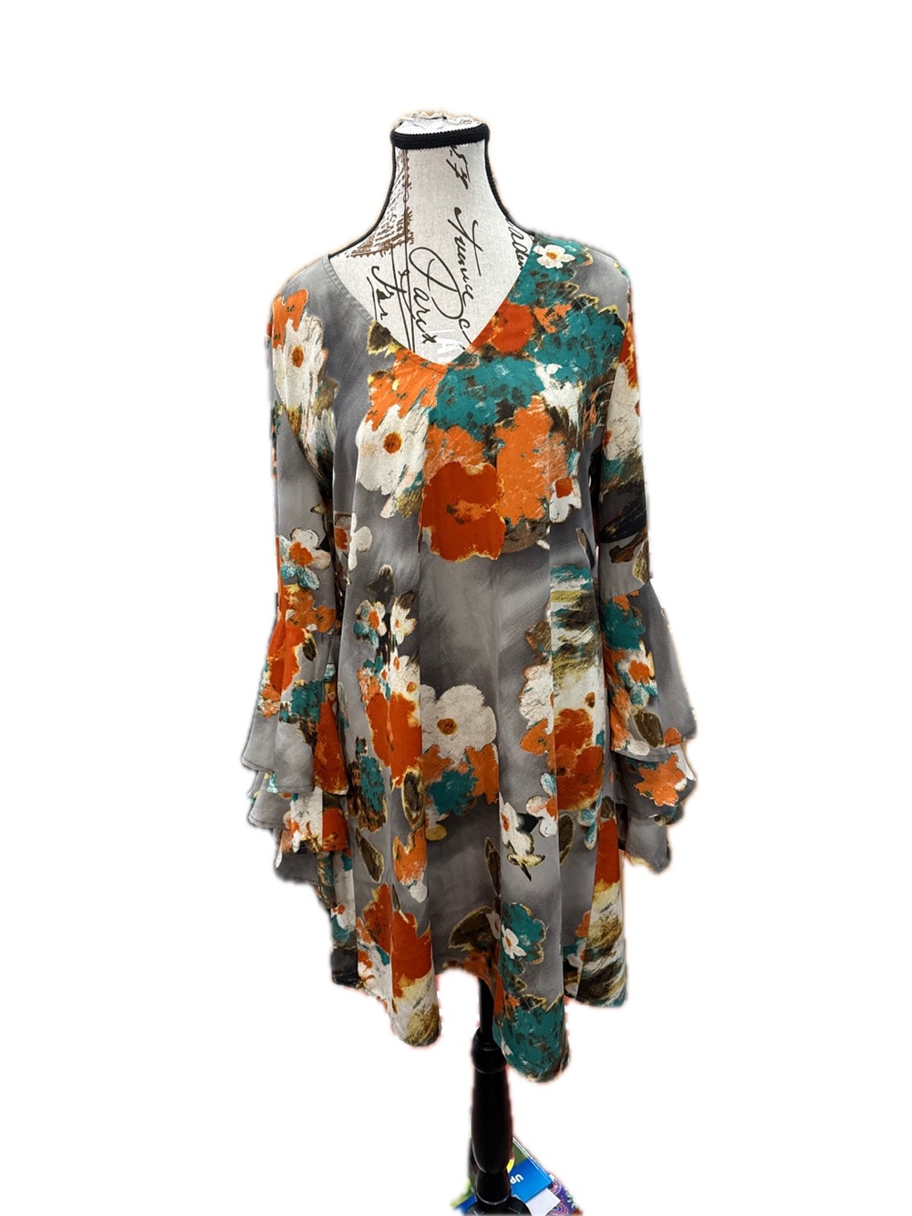 Women's Floral Ruffle-Sleeve Tunic Dress - Gray & Orange, large